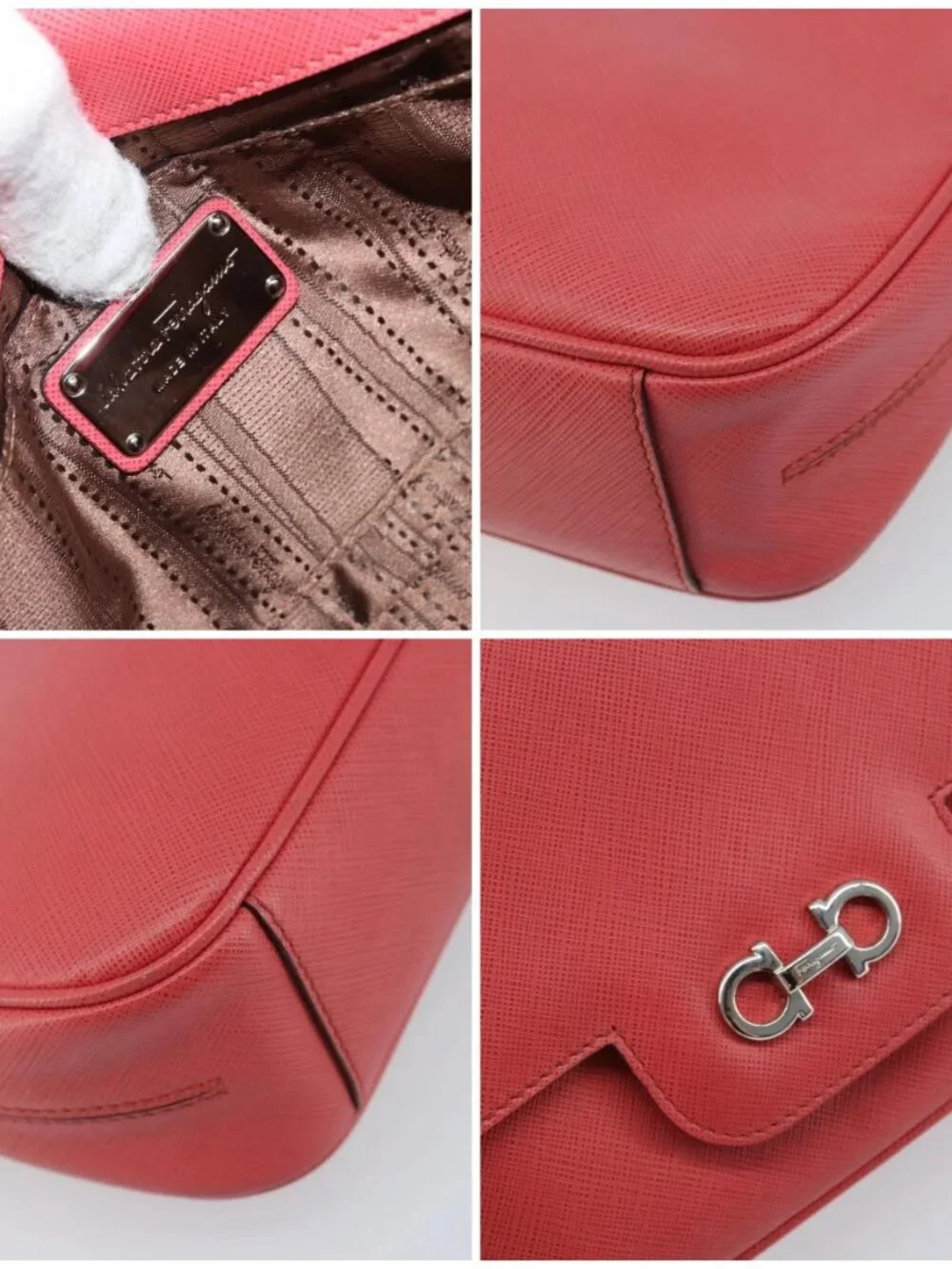 Salvatore Ferragamo Gancini Chain Shoulder Bag Leather Pink Silver Auth AMZ563A